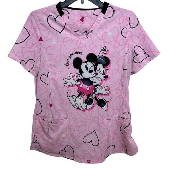 Disney Infinity Pink Scrub Top S Minnie & Mickey Mouse Hearts Print Nurse - Picture 1 of 7